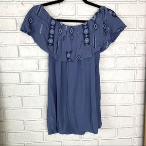 Knox Rose Blue Off Shoulder Ruffle Boho Embroidered Top Size Small